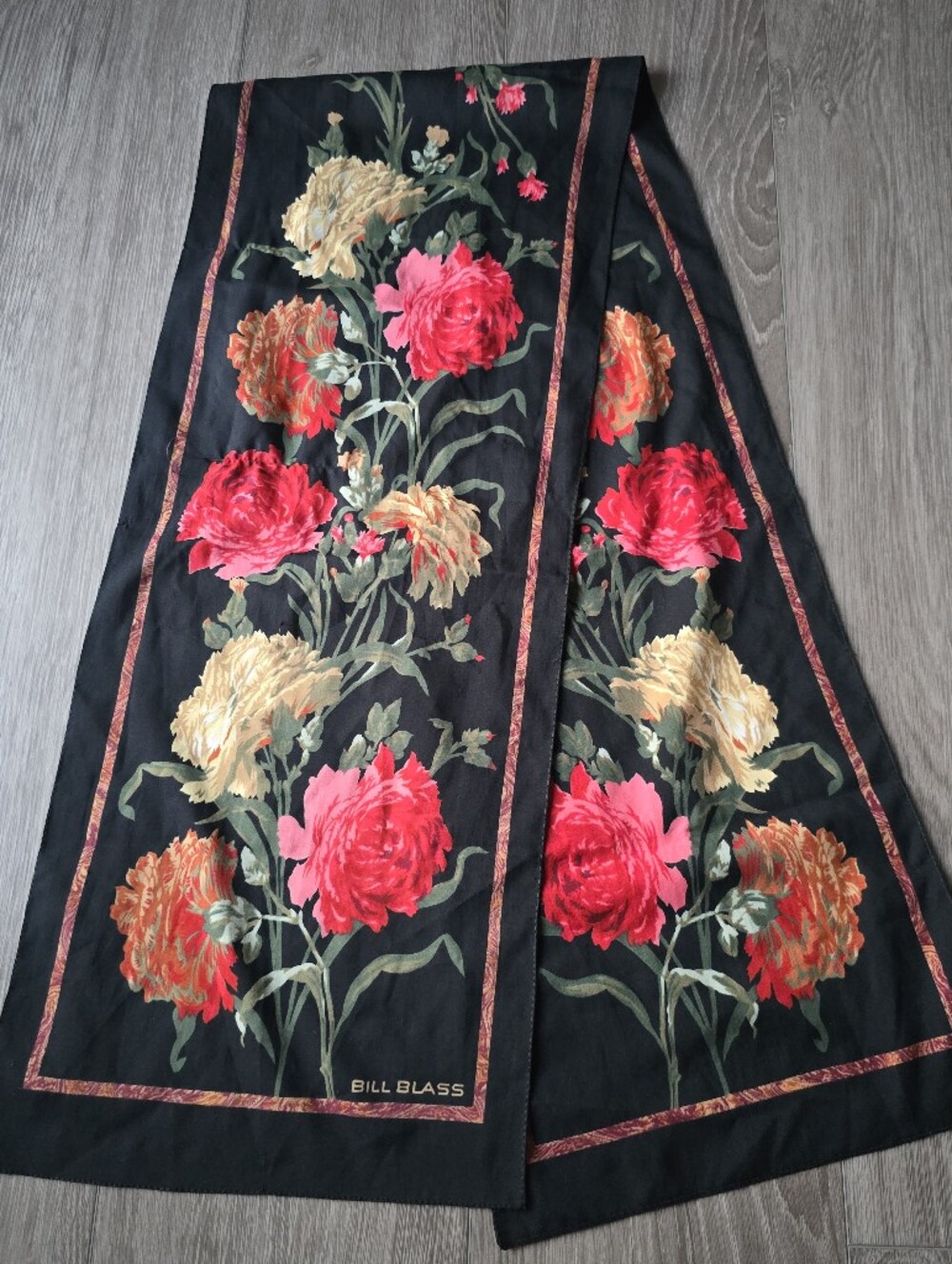 Vintage Bill Blass Oblong Scarf Black Floral Peony Rose Print Long 54 x 13 90s